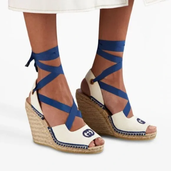 NEW Gucci GG Judie Lace Up Ballerina Espadrille Wedges - Picture 4 of 10